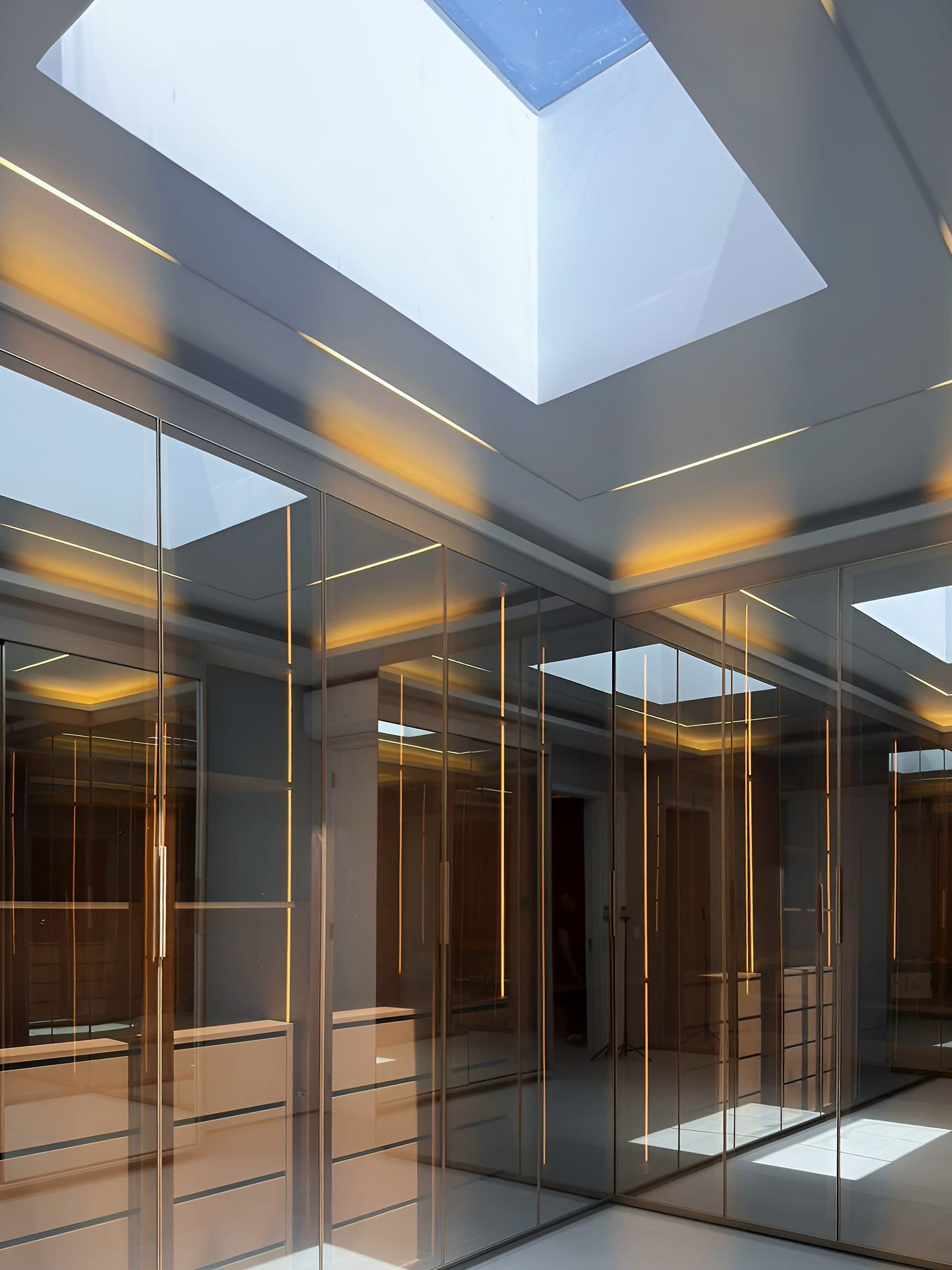 Closet da suíte master com portas espelhadas e iluminação embutida — vista 1