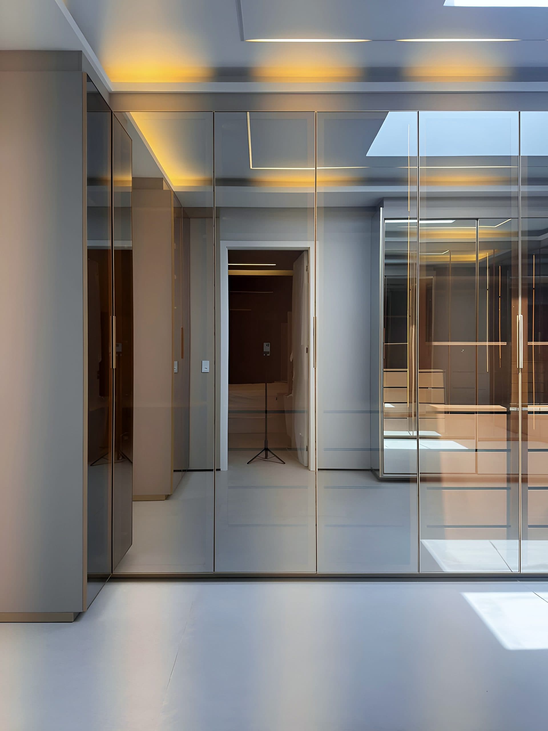 Closet da suíte master com portas espelhadas e iluminação embutida — vista 2