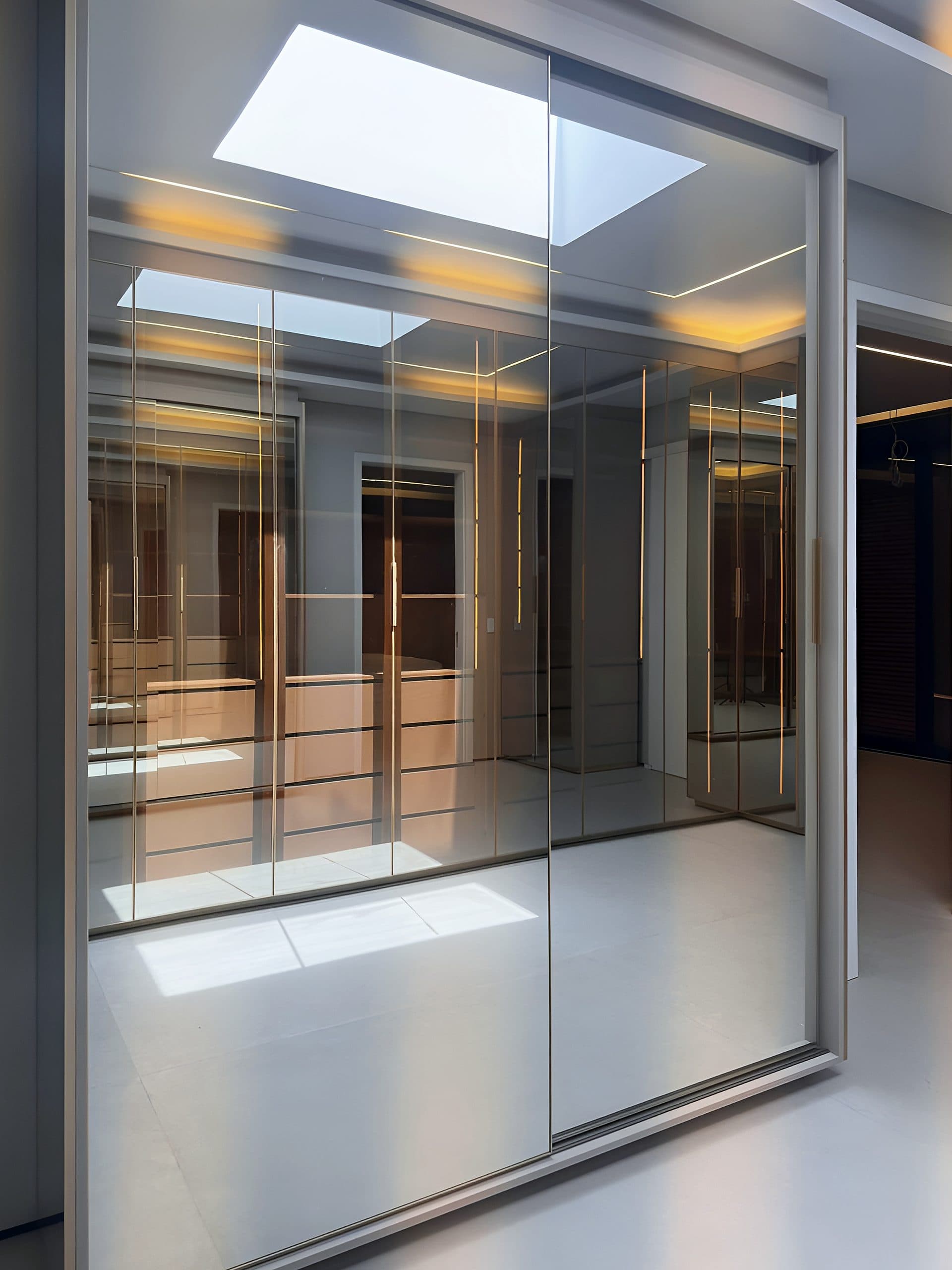 Closet da suíte master com portas espelhadas e iluminação embutida — vista 3
