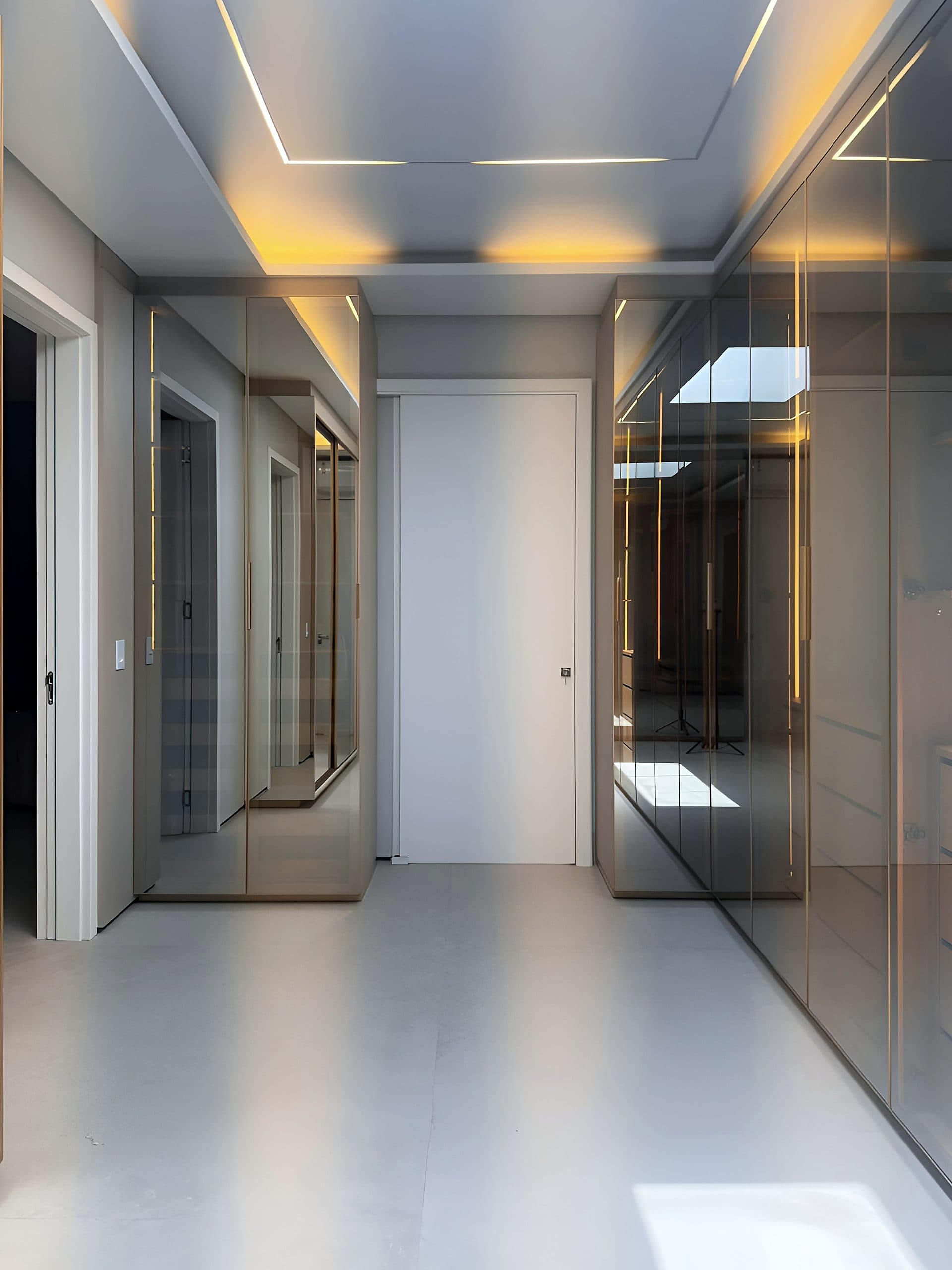 Closet da suíte master com portas espelhadas e iluminação embutida — vista 4