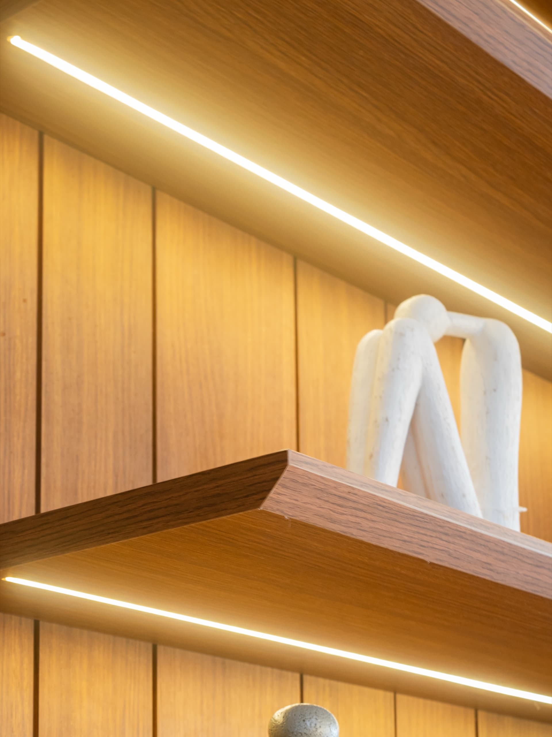 Adega integrada ao living, com prateleiras iluminadas e adega envidraçada — vista 5